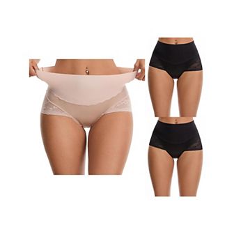 3 Packs Women's Hi-Cut Satin Underpants Briefs High Waisted Lace Trimmed Tummy Control Underwears
