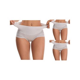 3 Packs Women's Hi-Cut Satin Underpants Briefs High Waisted Lace Trimmed Tummy Control Underwears