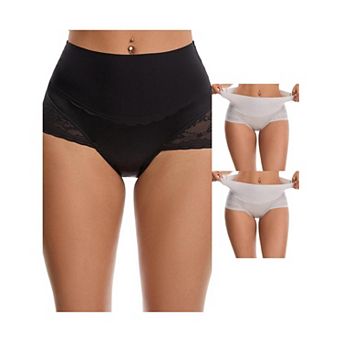 3 Packs Women's Hi-Cut Satin Underpants Briefs High Waisted Lace Trimmed Tummy Control Underwears