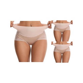 3 Packs Women's Hi-Cut Satin Underpants Briefs High Waisted Lace Trimmed Tummy Control Underwears