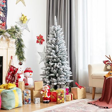 4.5ft Snow-Flocked Hinged Artificial Christmas Pencil Tree w/ 373 Mixed Tips