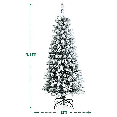 4.5ft Snow-Flocked Hinged Artificial Christmas Pencil Tree w/ 373 Mixed Tips