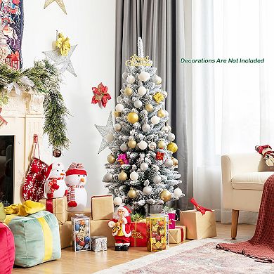 4.5ft Snow-Flocked Hinged Artificial Christmas Pencil Tree w/ 373 Mixed Tips