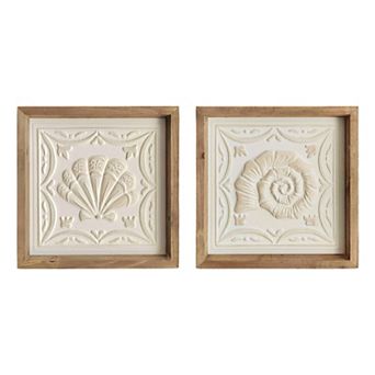 2 pc Carved "Scallop Shell Tile" Framed Wall Art Set