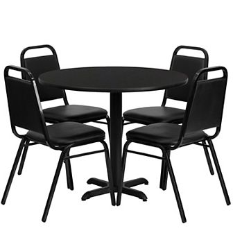 Flash Furniture 36'' Round Laminate Table Set with X-Base and 4 Trapezoidal Back Banquet Chairs