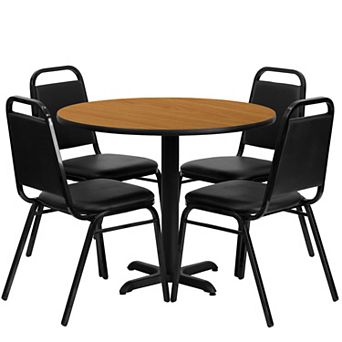 Flash Furniture 36'' Round Laminate Table Set with X-Base and 4 Trapezoidal Back Banquet Chairs