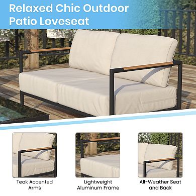 Flash Furniture Aluminum Frame Loveseat with Teak Arm Accents and Plush Cushions