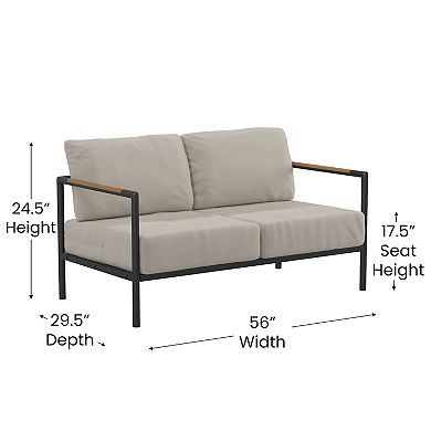 Flash Furniture Aluminum Frame Loveseat with Teak Arm Accents and Plush Cushions