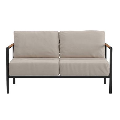 Flash Furniture Aluminum Frame Loveseat with Teak Arm Accents and Plush Cushions