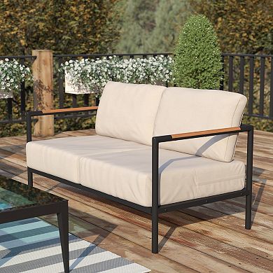 Flash Furniture Aluminum Frame Loveseat with Teak Arm Accents and Plush Cushions