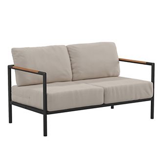 Flash Furniture Aluminum Frame Loveseat with Teak Arm Accents and Plush Cushions