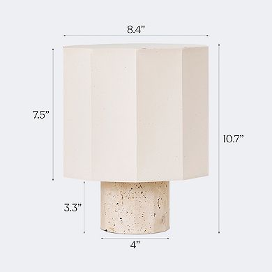 Brightech Cleo 10" Modern LED Table Lamp with Travertine Stone Base and Geometric Cotton Shade