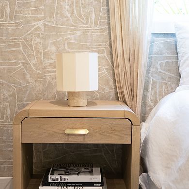 Brightech Cleo 10" Modern LED Table Lamp with Travertine Stone Base and Geometric Cotton Shade