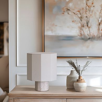 Brightech Cleo 10" Modern LED Table Lamp with Travertine Stone Base and Geometric Cotton Shade
