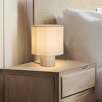 Brightech Cleo 10" Modern LED Table Lamp with Travertine Stone Base and Geometric Cotton Shade
