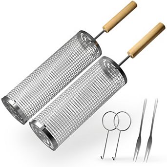 Sorbus 2 Pack Stainless Steel Rolling Baskets with Removable Wooden Handle - BBQ, Outdoor Cooking