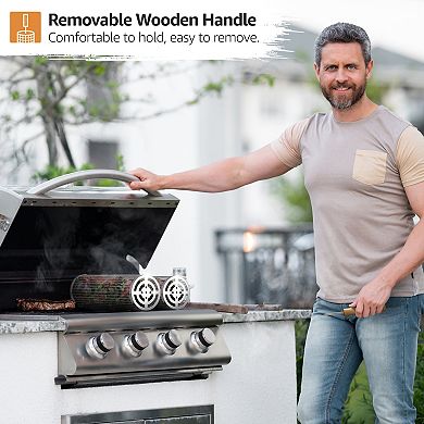 Sorbus 2 Pack Stainless Steel Rolling Baskets with Removable Wooden Handle - BBQ, Outdoor Cooking