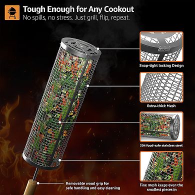 Sorbus 2 Pack Stainless Steel Rolling Baskets with Removable Wooden Handle - BBQ, Outdoor Cooking