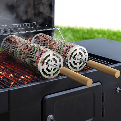 Sorbus 2 Pack Stainless Steel Rolling Baskets with Removable Wooden Handle - BBQ, Outdoor Cooking