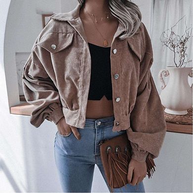 Women's Corduroy Long Sleeve Jacket Collared Button Down Casual Work Blazer Coat