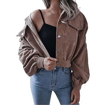 Women's Corduroy Long Sleeve Jacket Collared Button Down Casual Work Blazer Coat