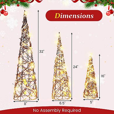 Costway 32" 24" 16" Set of 3 Lighted Rattan Cone Trees with LED Lights and Metal Frame