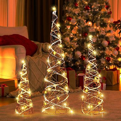 Costway 32" 24" 16" Set of 3 Lighted Rattan Cone Trees with LED Lights and Metal Frame