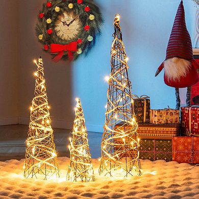 Costway 32" 24" 16" Set of 3 Lighted Rattan Cone Trees with LED Lights and Metal Frame