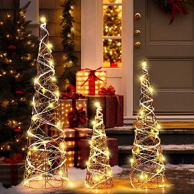 Costway 32" 24" 16" Set of 3 Lighted Rattan Cone Trees with LED Lights and Metal Frame