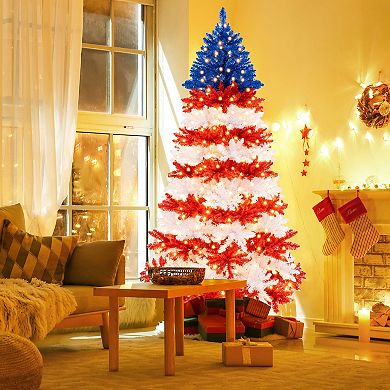 Costway 7.5 FT Patriotic Pre-Lit Artificial Christmas Tree with 1341 Branch Tips 480 Lights