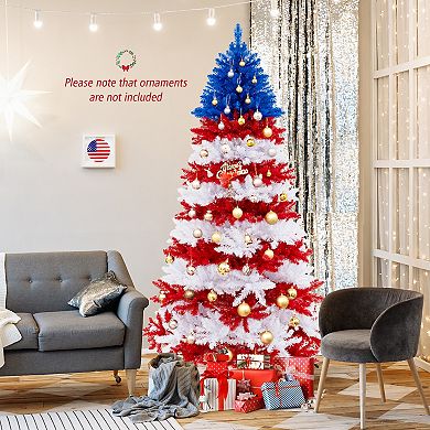 Costway 7.5 FT Patriotic Pre-Lit Artificial Christmas Tree with 1341 Branch Tips 480 Lights