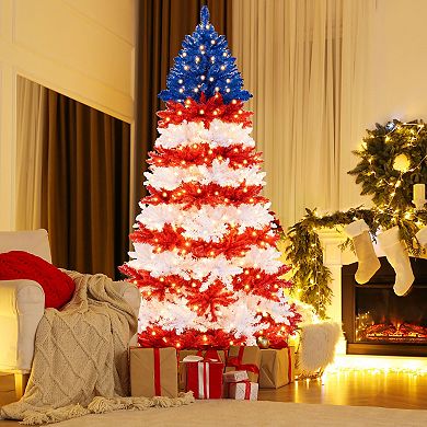 Costway 7.5 FT Patriotic Pre-Lit Artificial Christmas Tree with 1341 Branch Tips 480 Lights