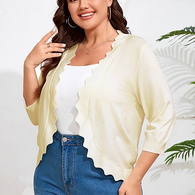 Womens Shrug Knit Sweater Cardigan 3/4 Sleeve Open-Front Scallop Hemline