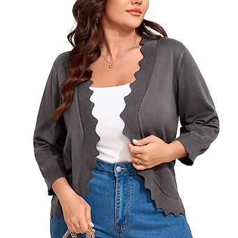 Womens Shrug Knit Sweater Cardigan 3/4 Sleeve Open-Front Scallop Hemline