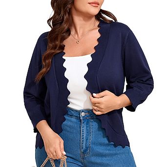 Womens Shrug Knit Sweater Cardigan 3/4 Sleeve Open-Front Scallop Hemline