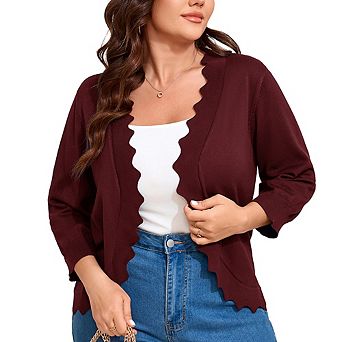 Womens Shrug Knit Sweater Cardigan 3/4 Sleeve Open-Front Scallop Hemline