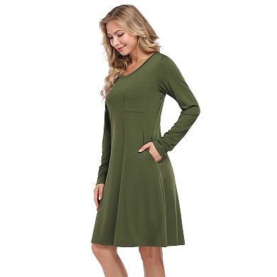 Women's Basic V-Neck Long Sleeve Dress Slim Fit Stretch Knit Tunic Dress