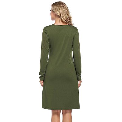 Women's Basic V-Neck Long Sleeve Dress Slim Fit Stretch Knit Tunic Dress