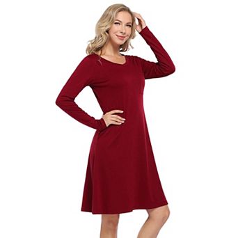 Women's Basic V-Neck Long Sleeve Dress Slim Fit Stretch Knit Tunic Dress