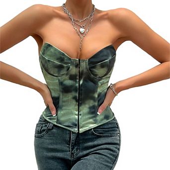 Women Corset Vintage Style Print Wrap Fishbone Tops