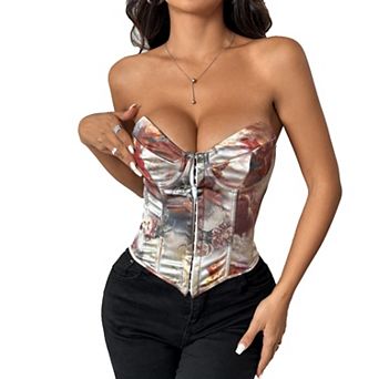 Women Corset Vintage Style Print Wrap Fishbone Tops