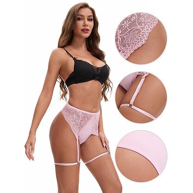 3 Packs Women's Perspective Lace Lingerie Hipsters Hollow Out Panties with Adjustable Garters