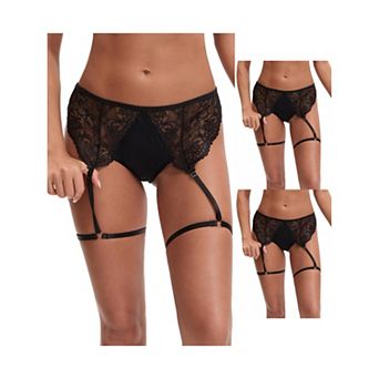 3 Packs Women's Perspective Lace Lingerie Hipsters Hollow Out Panties with Adjustable Garters