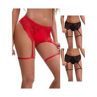 3 Packs Women's Perspective Lace Lingerie Hipsters Hollow Out Panties with Adjustable Garters