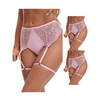 3 Packs Women's Perspective Lace Lingerie Hipsters Hollow Out Panties with Adjustable Garters