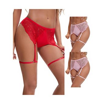 3 Packs Women's Perspective Lace Lingerie Hipsters Hollow Out Panties with Adjustable Garters