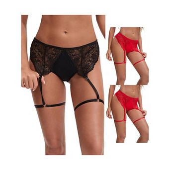3 Packs Women's Perspective Lace Lingerie Hipsters Hollow Out Panties with Adjustable Garters