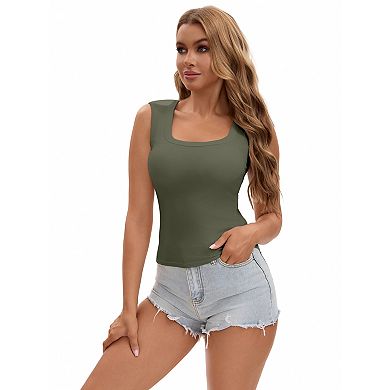 3 Packs Women's U-Neck Tank with Built-In Bras Ribbed Wide Straps Undershirt