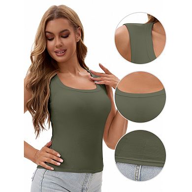 3 Packs Women's U-Neck Tank with Built-In Bras Ribbed Wide Straps Undershirt