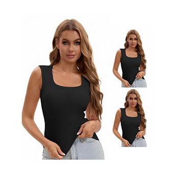 3 Packs Women's U-Neck Tank with Built-In Bras Ribbed Wide Straps Undershirt
